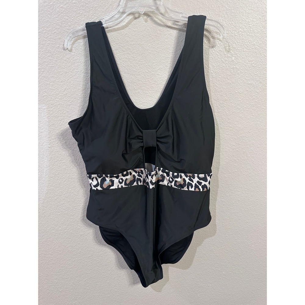 Black One Piece Swimsuit Leopard Print Detail Cute Bathing‎ Suit